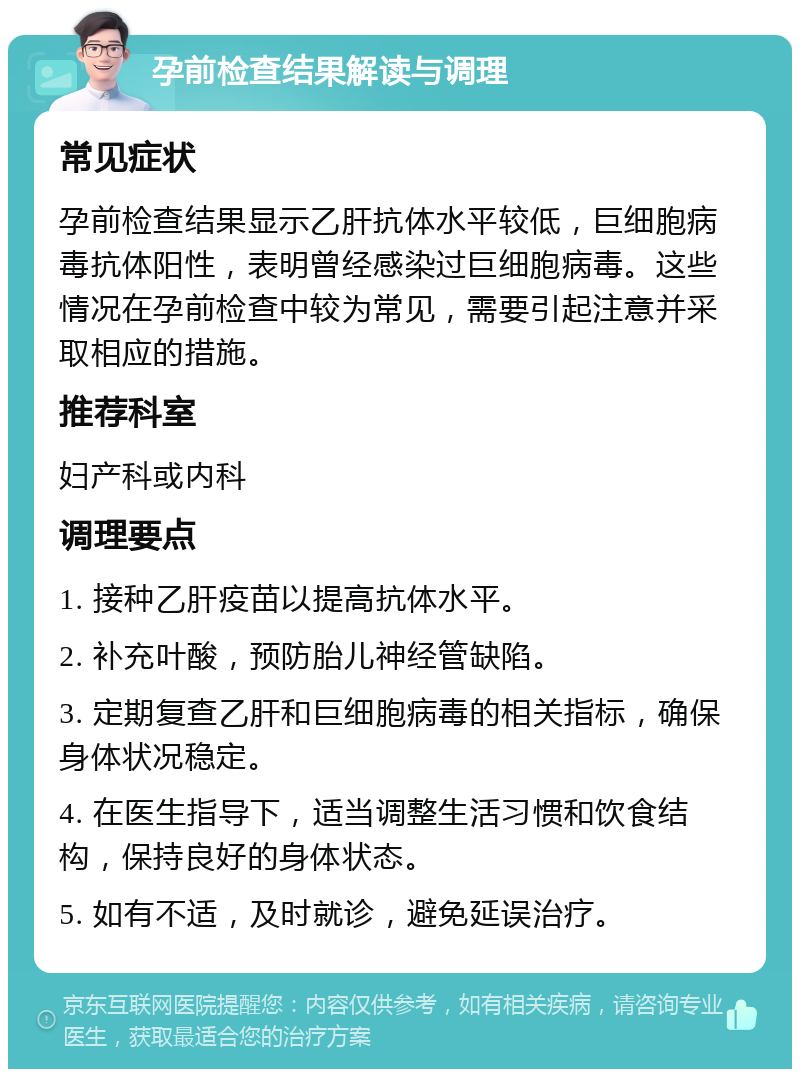 孕前检查结果解读与调理 常见症状 孕前检查结果显示乙肝抗体水平较低，巨细胞病毒抗体阳性，表明曾经感染过巨细胞病毒。这些情况在孕前检查中较为常见，需要引起注意并采取相应的措施。 推荐科室 妇产科或内科 调理要点 1. 接种乙肝疫苗以提高抗体水平。 2. 补充叶酸，预防胎儿神经管缺陷。 3. 定期复查乙肝和巨细胞病毒的相关指标，确保身体状况稳定。 4. 在医生指导下，适当调整生活习惯和饮食结构，保持良好的身体状态。 5. 如有不适，及时就诊，避免延误治疗。