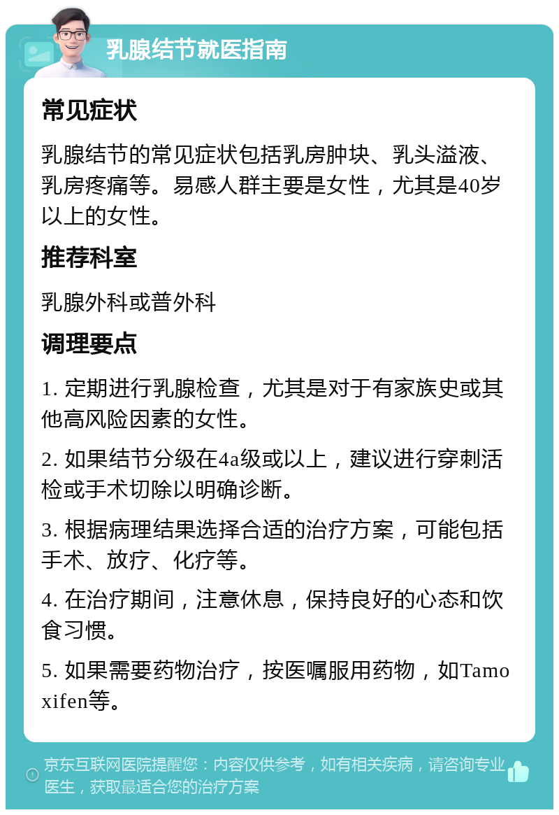 乳腺结节就医指南 常见症状 乳腺结节的常见症状包括乳房肿块、乳头溢液、乳房疼痛等。易感人群主要是女性，尤其是40岁以上的女性。 推荐科室 乳腺外科或普外科 调理要点 1. 定期进行乳腺检查，尤其是对于有家族史或其他高风险因素的女性。 2. 如果结节分级在4a级或以上，建议进行穿刺活检或手术切除以明确诊断。 3. 根据病理结果选择合适的治疗方案，可能包括手术、放疗、化疗等。 4. 在治疗期间，注意休息，保持良好的心态和饮食习惯。 5. 如果需要药物治疗，按医嘱服用药物，如Tamoxifen等。