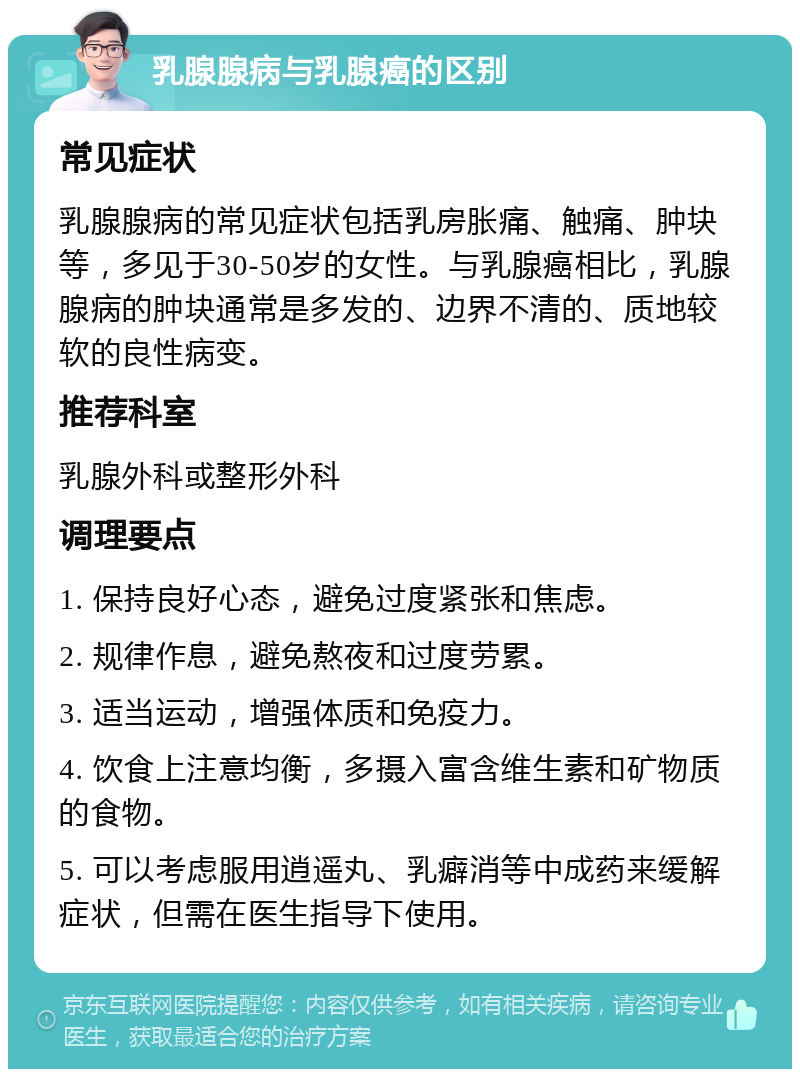 乳腺腺病与乳腺癌的区别 常见症状 乳腺腺病的常见症状包括乳房胀痛、触痛、肿块等，多见于30-50岁的女性。与乳腺癌相比，乳腺腺病的肿块通常是多发的、边界不清的、质地较软的良性病变。 推荐科室 乳腺外科或整形外科 调理要点 1. 保持良好心态，避免过度紧张和焦虑。 2. 规律作息，避免熬夜和过度劳累。 3. 适当运动，增强体质和免疫力。 4. 饮食上注意均衡，多摄入富含维生素和矿物质的食物。 5. 可以考虑服用逍遥丸、乳癖消等中成药来缓解症状，但需在医生指导下使用。