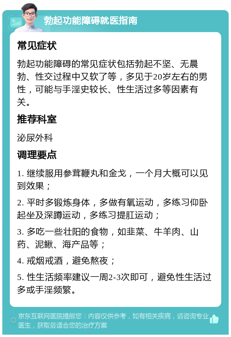 勃起功能障碍就医指南 常见症状 勃起功能障碍的常见症状包括勃起不坚、无晨勃、性交过程中又软了等，多见于20岁左右的男性，可能与手淫史较长、性生活过多等因素有关。 推荐科室 泌尿外科 调理要点 1. 继续服用参茸鞭丸和金戈，一个月大概可以见到效果； 2. 平时多锻炼身体，多做有氧运动，多练习仰卧起坐及深蹲运动，多练习提肛运动； 3. 多吃一些壮阳的食物，如韭菜、牛羊肉、山药、泥鳅、海产品等； 4. 戒烟戒酒，避免熬夜； 5. 性生活频率建议一周2-3次即可，避免性生活过多或手淫频繁。