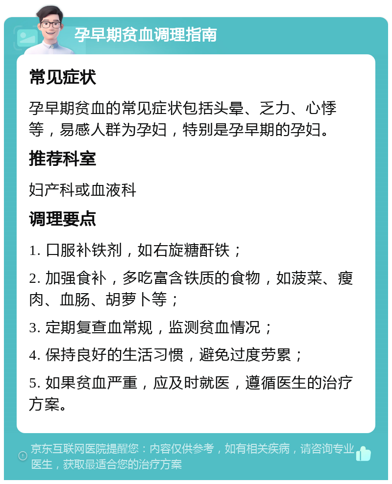 孕早期贫血调理指南 常见症状 孕早期贫血的常见症状包括头晕、乏力、心悸等，易感人群为孕妇，特别是孕早期的孕妇。 推荐科室 妇产科或血液科 调理要点 1. 口服补铁剂，如右旋糖酐铁； 2. 加强食补，多吃富含铁质的食物，如菠菜、瘦肉、血肠、胡萝卜等； 3. 定期复查血常规，监测贫血情况； 4. 保持良好的生活习惯，避免过度劳累； 5. 如果贫血严重，应及时就医，遵循医生的治疗方案。