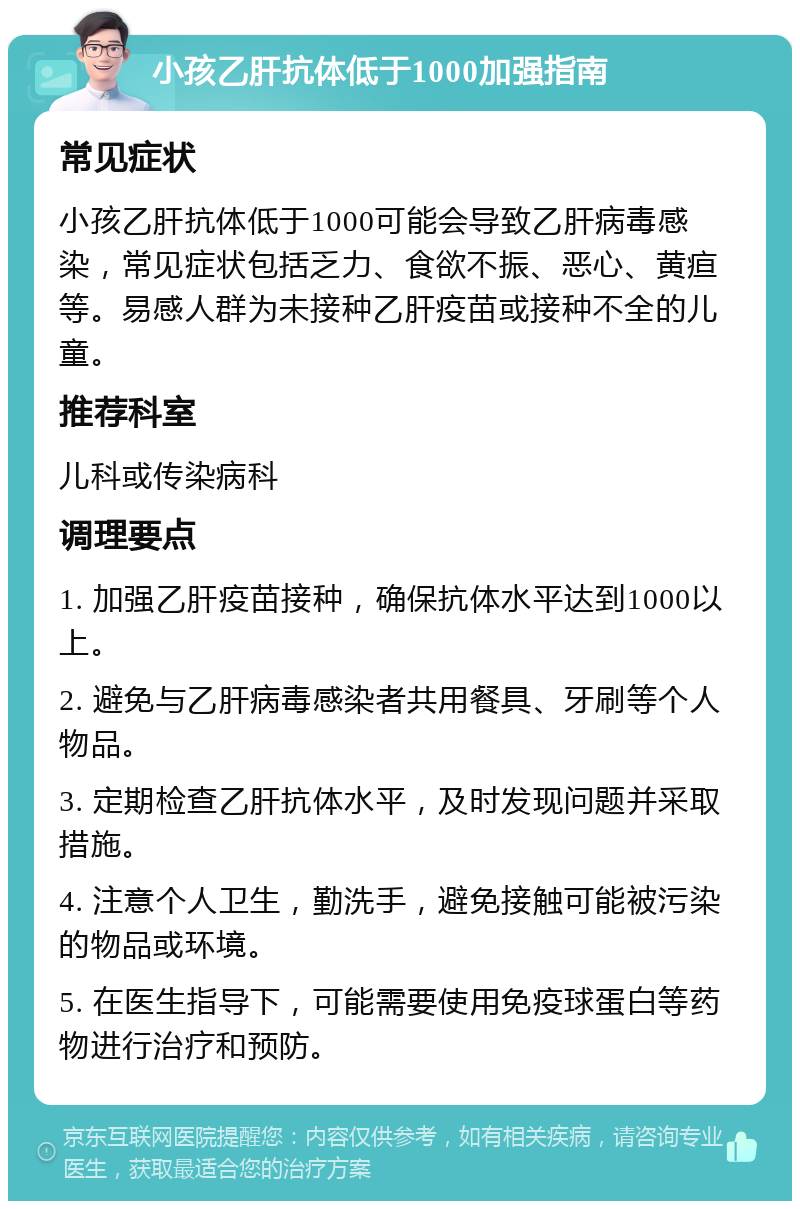 小孩乙肝抗体低于1000加强指南 常见症状 小孩乙肝抗体低于1000可能会导致乙肝病毒感染，常见症状包括乏力、食欲不振、恶心、黄疸等。易感人群为未接种乙肝疫苗或接种不全的儿童。 推荐科室 儿科或传染病科 调理要点 1. 加强乙肝疫苗接种，确保抗体水平达到1000以上。 2. 避免与乙肝病毒感染者共用餐具、牙刷等个人物品。 3. 定期检查乙肝抗体水平，及时发现问题并采取措施。 4. 注意个人卫生，勤洗手，避免接触可能被污染的物品或环境。 5. 在医生指导下，可能需要使用免疫球蛋白等药物进行治疗和预防。