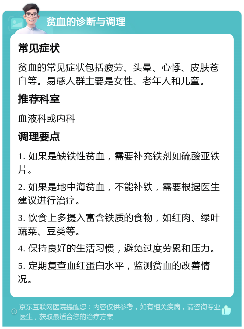 贫血的诊断与调理 常见症状 贫血的常见症状包括疲劳、头晕、心悸、皮肤苍白等。易感人群主要是女性、老年人和儿童。 推荐科室 血液科或内科 调理要点 1. 如果是缺铁性贫血，需要补充铁剂如硫酸亚铁片。 2. 如果是地中海贫血，不能补铁，需要根据医生建议进行治疗。 3. 饮食上多摄入富含铁质的食物，如红肉、绿叶蔬菜、豆类等。 4. 保持良好的生活习惯，避免过度劳累和压力。 5. 定期复查血红蛋白水平，监测贫血的改善情况。