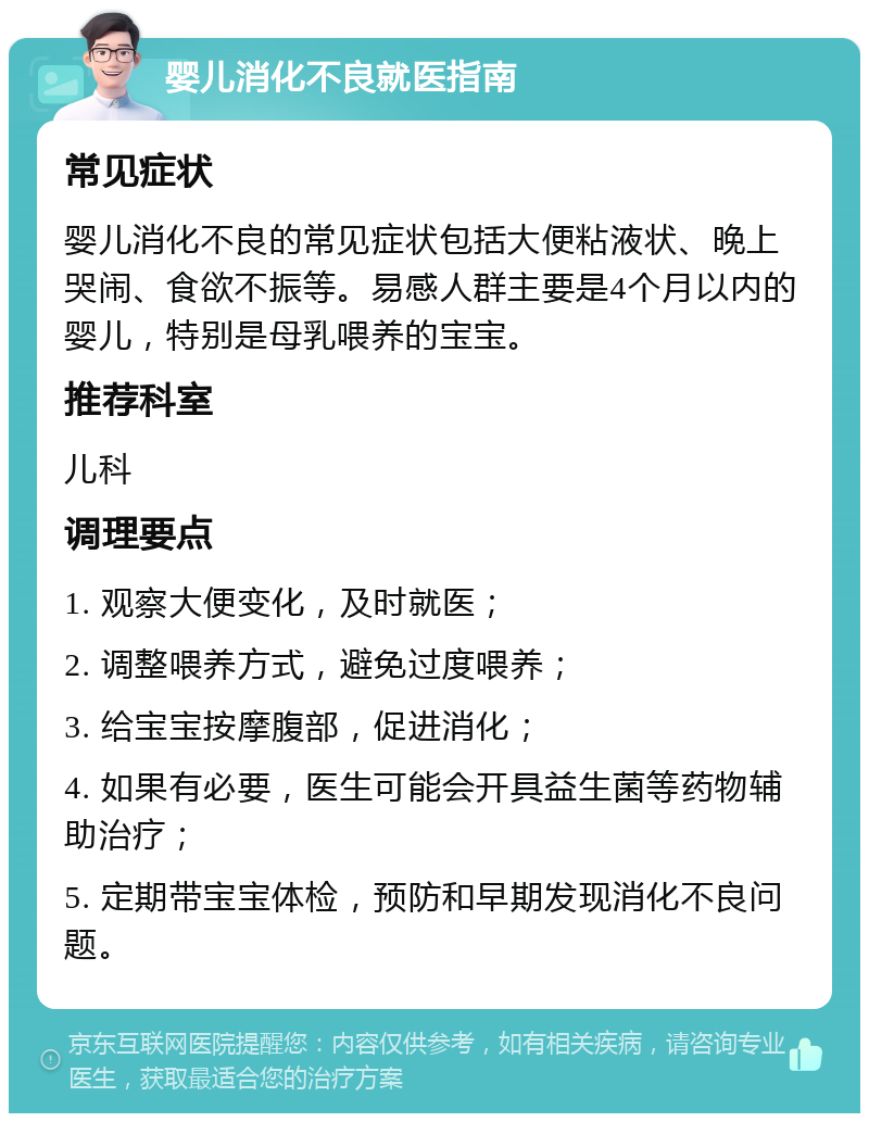 婴儿消化不良就医指南 常见症状 婴儿消化不良的常见症状包括大便粘液状、晚上哭闹、食欲不振等。易感人群主要是4个月以内的婴儿，特别是母乳喂养的宝宝。 推荐科室 儿科 调理要点 1. 观察大便变化，及时就医； 2. 调整喂养方式，避免过度喂养； 3. 给宝宝按摩腹部，促进消化； 4. 如果有必要，医生可能会开具益生菌等药物辅助治疗； 5. 定期带宝宝体检，预防和早期发现消化不良问题。