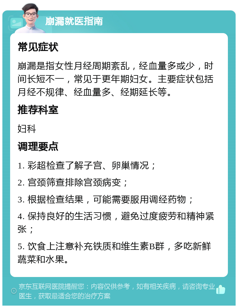 崩漏就医指南 常见症状 崩漏是指女性月经周期紊乱，经血量多或少，时间长短不一，常见于更年期妇女。主要症状包括月经不规律、经血量多、经期延长等。 推荐科室 妇科 调理要点 1. 彩超检查了解子宫、卵巢情况； 2. 宫颈筛查排除宫颈病变； 3. 根据检查结果，可能需要服用调经药物； 4. 保持良好的生活习惯，避免过度疲劳和精神紧张； 5. 饮食上注意补充铁质和维生素B群，多吃新鲜蔬菜和水果。