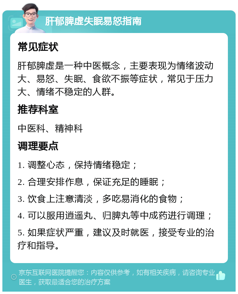 肝郁脾虚失眠易怒指南 常见症状 肝郁脾虚是一种中医概念，主要表现为情绪波动大、易怒、失眠、食欲不振等症状，常见于压力大、情绪不稳定的人群。 推荐科室 中医科、精神科 调理要点 1. 调整心态，保持情绪稳定； 2. 合理安排作息，保证充足的睡眠； 3. 饮食上注意清淡，多吃易消化的食物； 4. 可以服用逍遥丸、归脾丸等中成药进行调理； 5. 如果症状严重，建议及时就医，接受专业的治疗和指导。