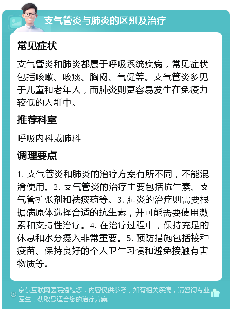 支气管炎与肺炎的区别及治疗 常见症状 支气管炎和肺炎都属于呼吸系统疾病，常见症状包括咳嗽、咳痰、胸闷、气促等。支气管炎多见于儿童和老年人，而肺炎则更容易发生在免疫力较低的人群中。 推荐科室 呼吸内科或肺科 调理要点 1. 支气管炎和肺炎的治疗方案有所不同，不能混淆使用。2. 支气管炎的治疗主要包括抗生素、支气管扩张剂和祛痰药等。3. 肺炎的治疗则需要根据病原体选择合适的抗生素，并可能需要使用激素和支持性治疗。4. 在治疗过程中，保持充足的休息和水分摄入非常重要。5. 预防措施包括接种疫苗、保持良好的个人卫生习惯和避免接触有害物质等。