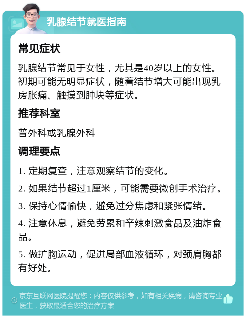 乳腺结节就医指南 常见症状 乳腺结节常见于女性，尤其是40岁以上的女性。初期可能无明显症状，随着结节增大可能出现乳房胀痛、触摸到肿块等症状。 推荐科室 普外科或乳腺外科 调理要点 1. 定期复查，注意观察结节的变化。 2. 如果结节超过1厘米，可能需要微创手术治疗。 3. 保持心情愉快，避免过分焦虑和紧张情绪。 4. 注意休息，避免劳累和辛辣刺激食品及油炸食品。 5. 做扩胸运动，促进局部血液循环，对颈肩胸都有好处。