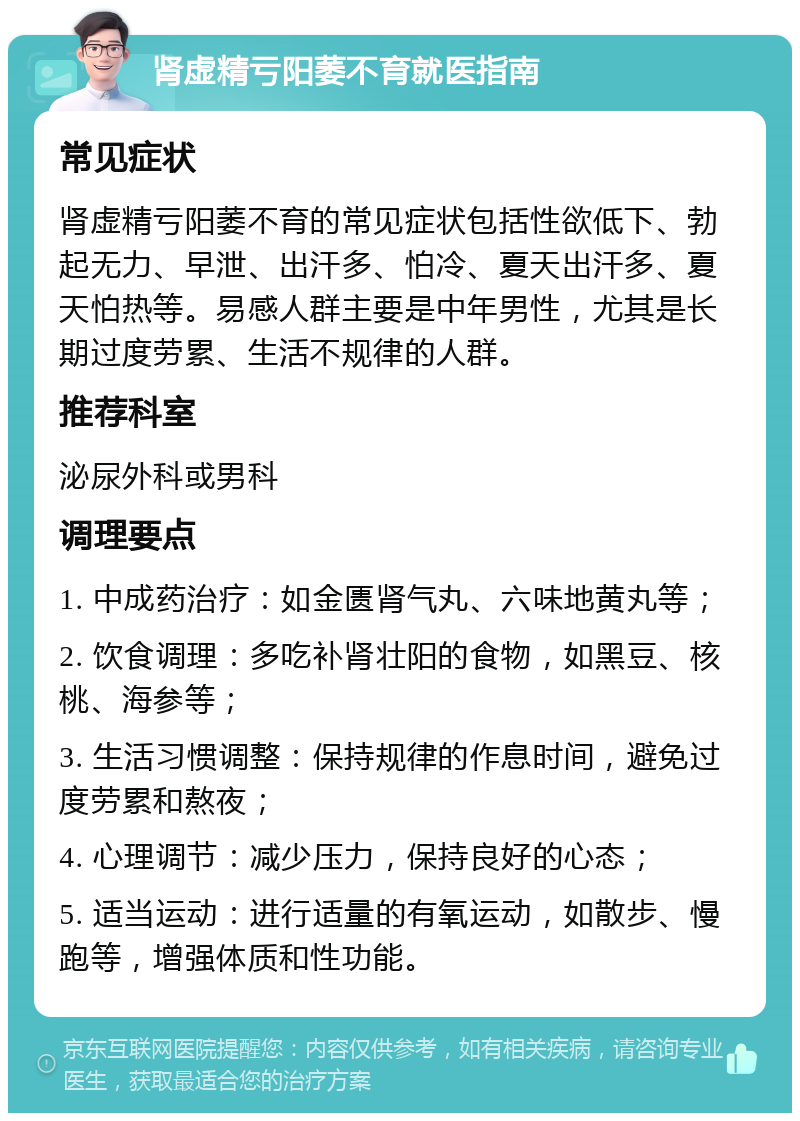 肾虚精亏阳萎不育就医指南 常见症状 肾虚精亏阳萎不育的常见症状包括性欲低下、勃起无力、早泄、出汗多、怕冷、夏天出汗多、夏天怕热等。易感人群主要是中年男性，尤其是长期过度劳累、生活不规律的人群。 推荐科室 泌尿外科或男科 调理要点 1. 中成药治疗：如金匮肾气丸、六味地黄丸等； 2. 饮食调理：多吃补肾壮阳的食物，如黑豆、核桃、海参等； 3. 生活习惯调整：保持规律的作息时间，避免过度劳累和熬夜； 4. 心理调节：减少压力，保持良好的心态； 5. 适当运动：进行适量的有氧运动，如散步、慢跑等，增强体质和性功能。