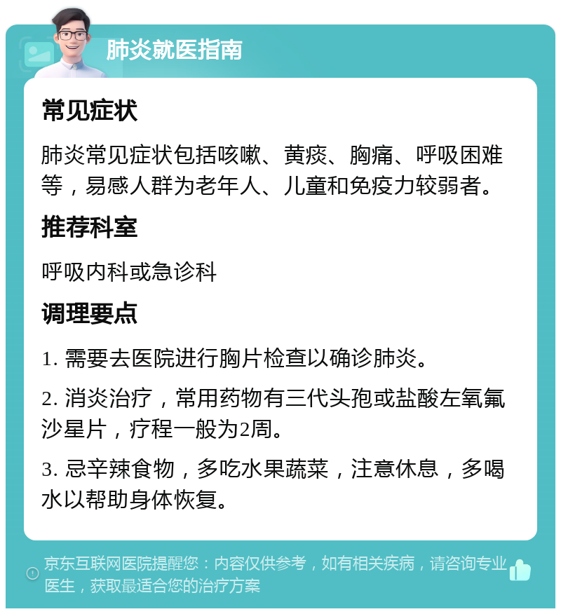 肺炎就医指南 常见症状 肺炎常见症状包括咳嗽、黄痰、胸痛、呼吸困难等，易感人群为老年人、儿童和免疫力较弱者。 推荐科室 呼吸内科或急诊科 调理要点 1. 需要去医院进行胸片检查以确诊肺炎。 2. 消炎治疗，常用药物有三代头孢或盐酸左氧氟沙星片，疗程一般为2周。 3. 忌辛辣食物，多吃水果蔬菜，注意休息，多喝水以帮助身体恢复。