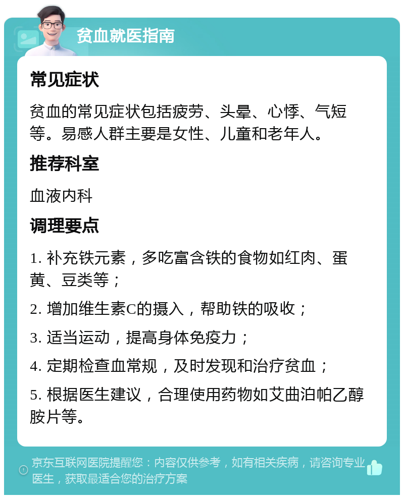 贫血就医指南 常见症状 贫血的常见症状包括疲劳、头晕、心悸、气短等。易感人群主要是女性、儿童和老年人。 推荐科室 血液内科 调理要点 1. 补充铁元素，多吃富含铁的食物如红肉、蛋黄、豆类等； 2. 增加维生素C的摄入，帮助铁的吸收； 3. 适当运动，提高身体免疫力； 4. 定期检查血常规，及时发现和治疗贫血； 5. 根据医生建议，合理使用药物如艾曲泊帕乙醇胺片等。