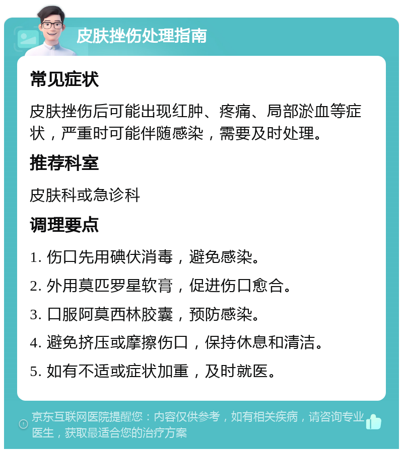 皮肤挫伤处理指南 常见症状 皮肤挫伤后可能出现红肿、疼痛、局部淤血等症状，严重时可能伴随感染，需要及时处理。 推荐科室 皮肤科或急诊科 调理要点 1. 伤口先用碘伏消毒，避免感染。 2. 外用莫匹罗星软膏，促进伤口愈合。 3. 口服阿莫西林胶囊，预防感染。 4. 避免挤压或摩擦伤口，保持休息和清洁。 5. 如有不适或症状加重，及时就医。