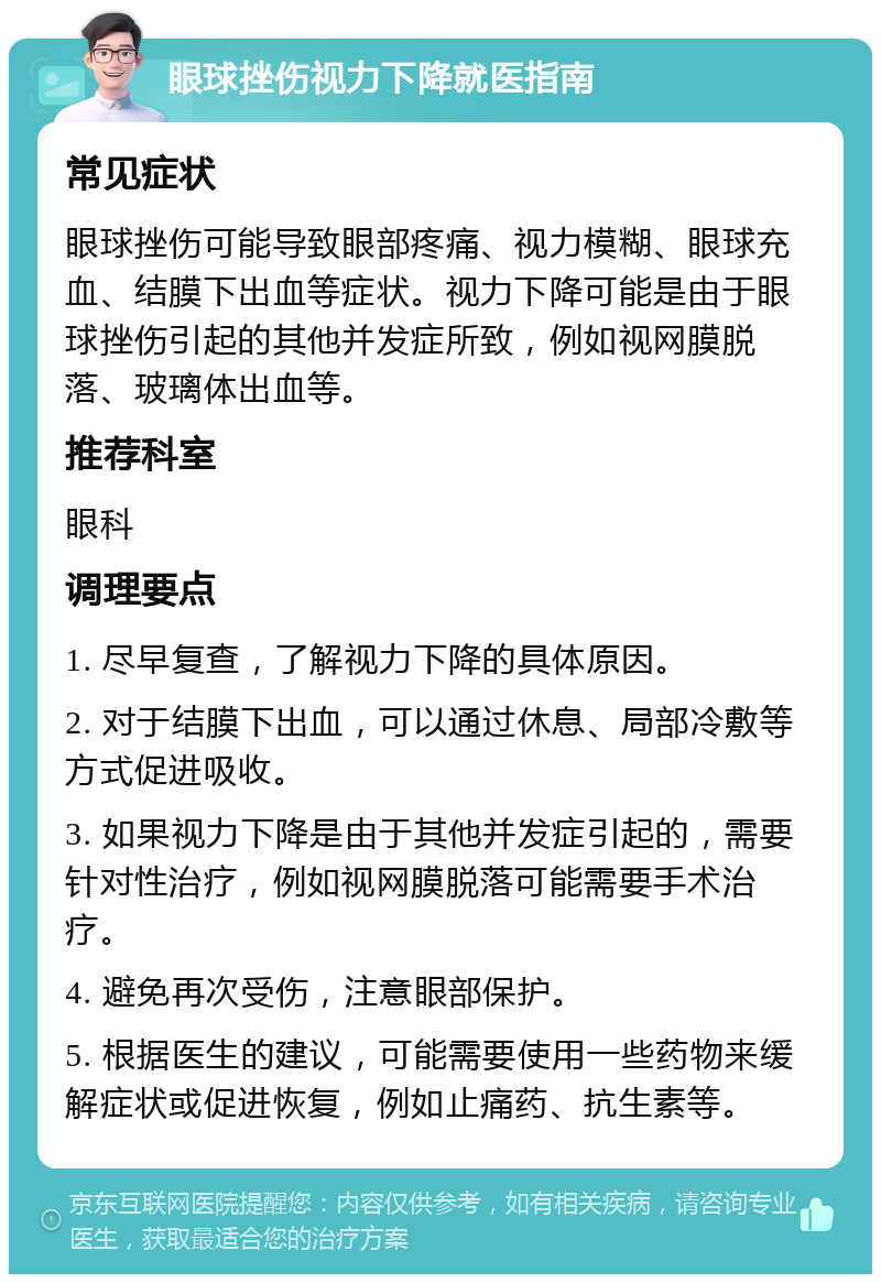 眼球挫伤视力下降就医指南 常见症状 眼球挫伤可能导致眼部疼痛、视力模糊、眼球充血、结膜下出血等症状。视力下降可能是由于眼球挫伤引起的其他并发症所致，例如视网膜脱落、玻璃体出血等。 推荐科室 眼科 调理要点 1. 尽早复查，了解视力下降的具体原因。 2. 对于结膜下出血，可以通过休息、局部冷敷等方式促进吸收。 3. 如果视力下降是由于其他并发症引起的，需要针对性治疗，例如视网膜脱落可能需要手术治疗。 4. 避免再次受伤，注意眼部保护。 5. 根据医生的建议，可能需要使用一些药物来缓解症状或促进恢复，例如止痛药、抗生素等。