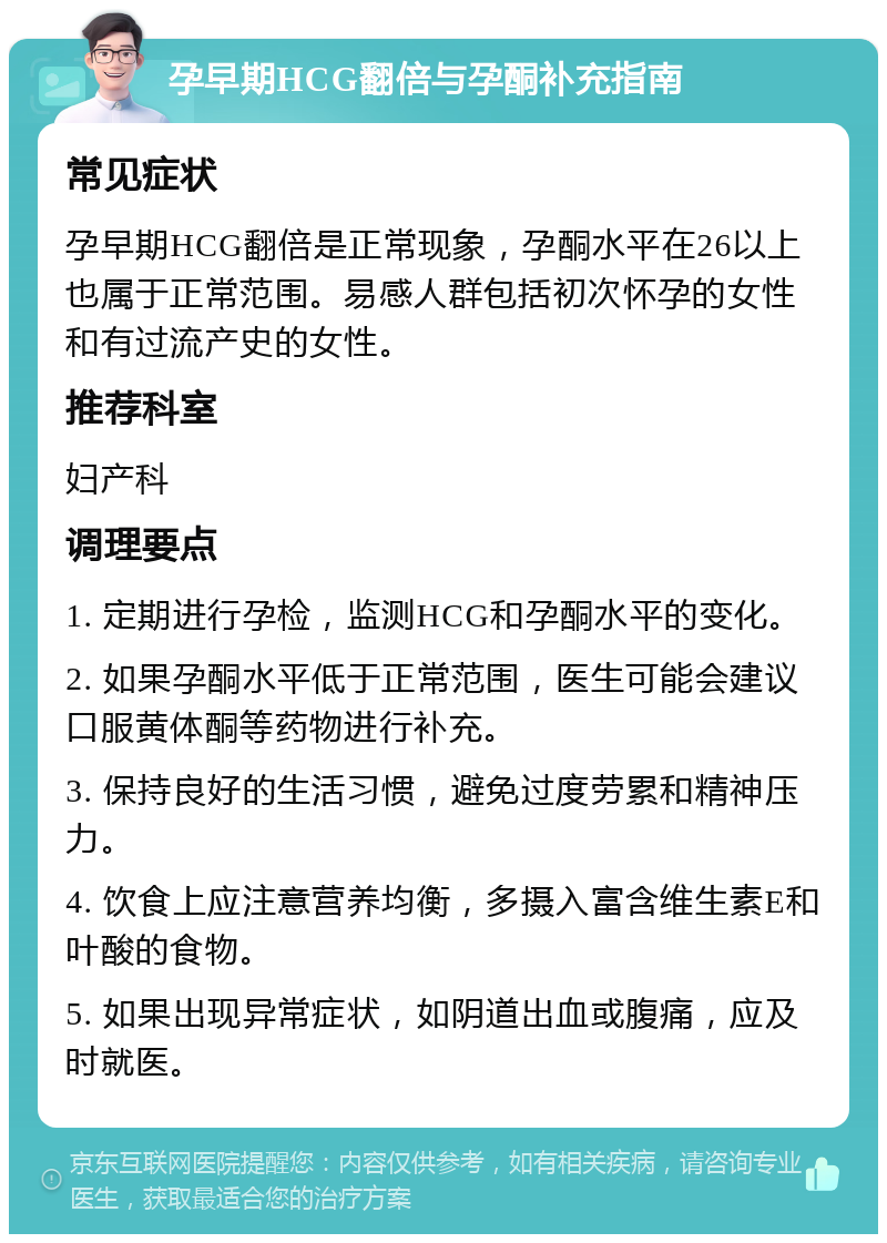 孕早期HCG翻倍与孕酮补充指南 常见症状 孕早期HCG翻倍是正常现象，孕酮水平在26以上也属于正常范围。易感人群包括初次怀孕的女性和有过流产史的女性。 推荐科室 妇产科 调理要点 1. 定期进行孕检，监测HCG和孕酮水平的变化。 2. 如果孕酮水平低于正常范围，医生可能会建议口服黄体酮等药物进行补充。 3. 保持良好的生活习惯，避免过度劳累和精神压力。 4. 饮食上应注意营养均衡，多摄入富含维生素E和叶酸的食物。 5. 如果出现异常症状，如阴道出血或腹痛，应及时就医。