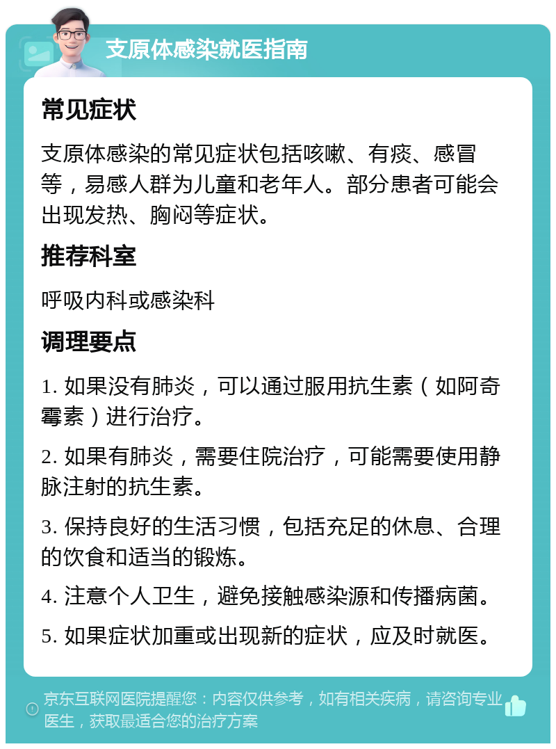 支原体感染就医指南 常见症状 支原体感染的常见症状包括咳嗽、有痰、感冒等，易感人群为儿童和老年人。部分患者可能会出现发热、胸闷等症状。 推荐科室 呼吸内科或感染科 调理要点 1. 如果没有肺炎，可以通过服用抗生素（如阿奇霉素）进行治疗。 2. 如果有肺炎，需要住院治疗，可能需要使用静脉注射的抗生素。 3. 保持良好的生活习惯，包括充足的休息、合理的饮食和适当的锻炼。 4. 注意个人卫生，避免接触感染源和传播病菌。 5. 如果症状加重或出现新的症状，应及时就医。