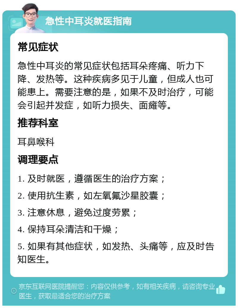 急性中耳炎就医指南 常见症状 急性中耳炎的常见症状包括耳朵疼痛、听力下降、发热等。这种疾病多见于儿童，但成人也可能患上。需要注意的是，如果不及时治疗，可能会引起并发症，如听力损失、面瘫等。 推荐科室 耳鼻喉科 调理要点 1. 及时就医，遵循医生的治疗方案； 2. 使用抗生素，如左氧氟沙星胶囊； 3. 注意休息，避免过度劳累； 4. 保持耳朵清洁和干燥； 5. 如果有其他症状，如发热、头痛等，应及时告知医生。