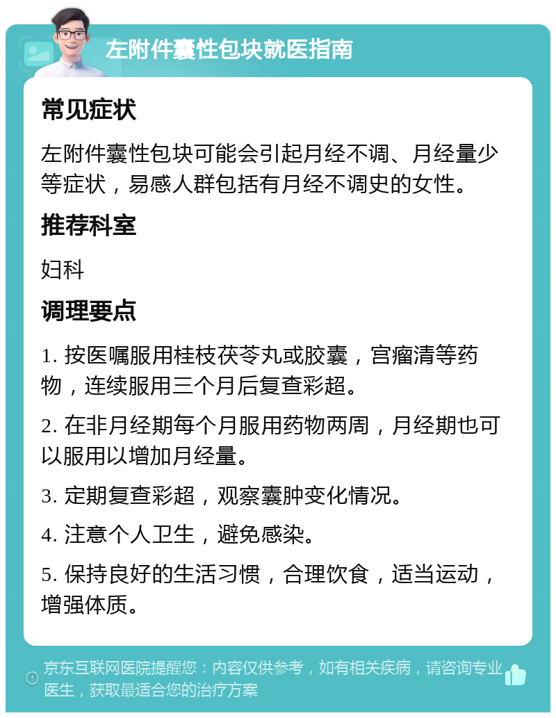 左附件囊性包块就医指南 常见症状 左附件囊性包块可能会引起月经不调、月经量少等症状，易感人群包括有月经不调史的女性。 推荐科室 妇科 调理要点 1. 按医嘱服用桂枝茯苓丸或胶囊，宫瘤清等药物，连续服用三个月后复查彩超。 2. 在非月经期每个月服用药物两周，月经期也可以服用以增加月经量。 3. 定期复查彩超，观察囊肿变化情况。 4. 注意个人卫生，避免感染。 5. 保持良好的生活习惯，合理饮食，适当运动，增强体质。