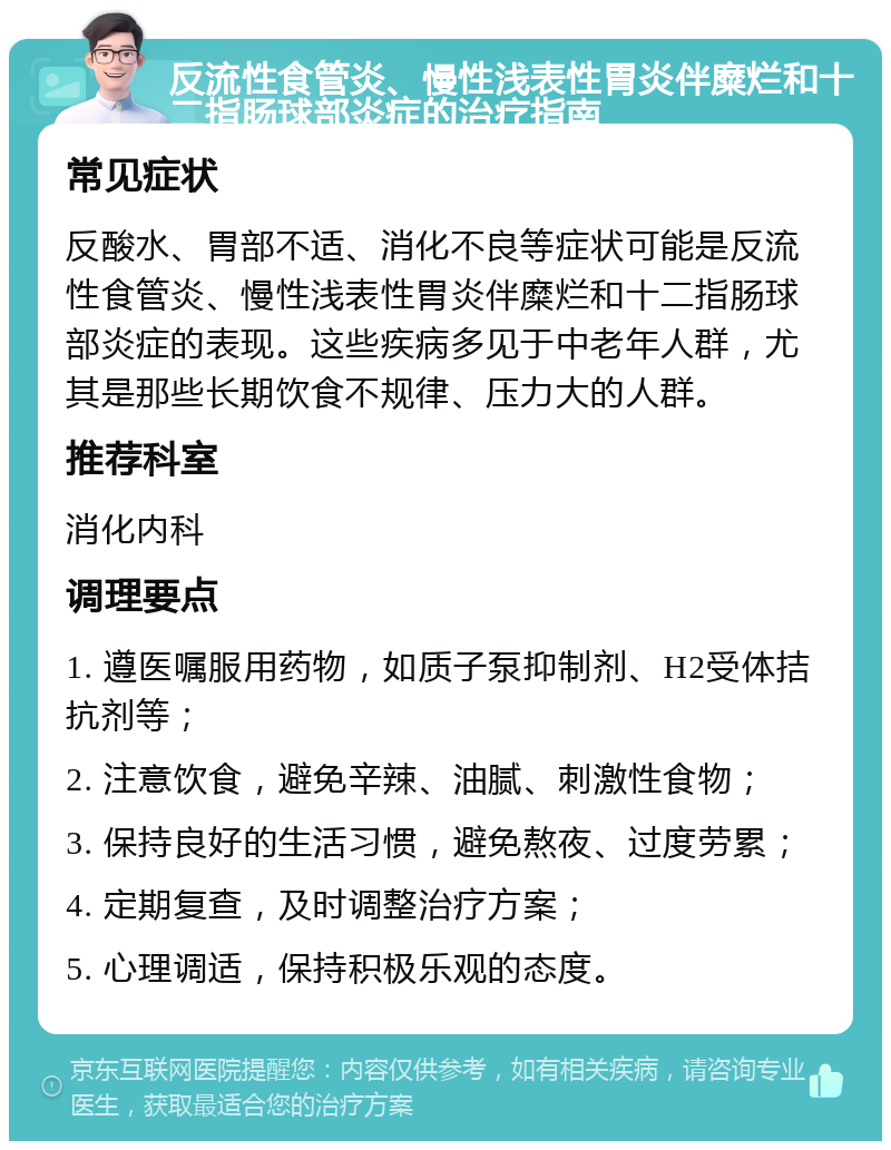 反流性食管炎、慢性浅表性胃炎伴糜烂和十二指肠球部炎症的治疗指南 常见症状 反酸水、胃部不适、消化不良等症状可能是反流性食管炎、慢性浅表性胃炎伴糜烂和十二指肠球部炎症的表现。这些疾病多见于中老年人群，尤其是那些长期饮食不规律、压力大的人群。 推荐科室 消化内科 调理要点 1. 遵医嘱服用药物，如质子泵抑制剂、H2受体拮抗剂等； 2. 注意饮食，避免辛辣、油腻、刺激性食物； 3. 保持良好的生活习惯，避免熬夜、过度劳累； 4. 定期复查，及时调整治疗方案； 5. 心理调适，保持积极乐观的态度。