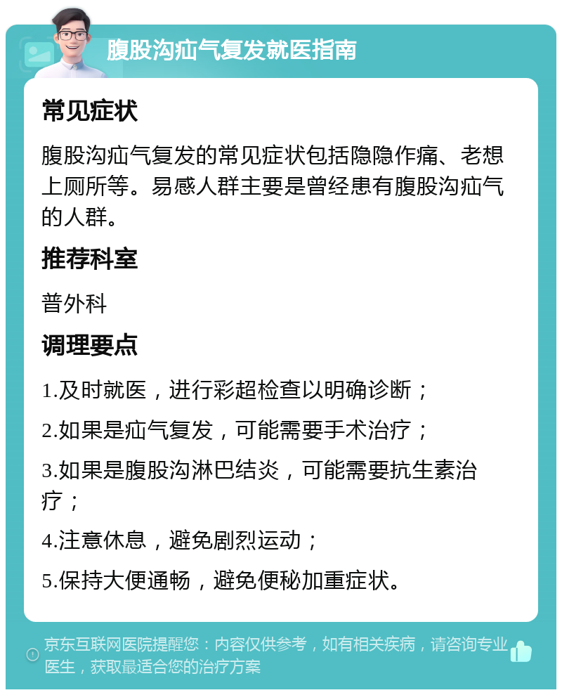 腹股沟疝气复发就医指南 常见症状 腹股沟疝气复发的常见症状包括隐隐作痛、老想上厕所等。易感人群主要是曾经患有腹股沟疝气的人群。 推荐科室 普外科 调理要点 1.及时就医，进行彩超检查以明确诊断； 2.如果是疝气复发，可能需要手术治疗； 3.如果是腹股沟淋巴结炎，可能需要抗生素治疗； 4.注意休息，避免剧烈运动； 5.保持大便通畅，避免便秘加重症状。