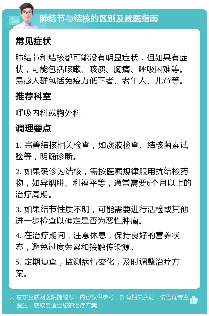 肺结节与结核的区别及就医指南 常见症状 肺结节和结核都可能没有明显症状，但如果有症状，可能包括咳嗽、咳痰、胸痛、呼吸困难等。易感人群包括免疫力低下者、老年人、儿童等。 推荐科室 呼吸内科或胸外科 调理要点 1. 完善结核相关检查，如痰液检查、结核菌素试验等，明确诊断。 2. 如果确诊为结核，需按医嘱规律服用抗结核药物，如异烟肼、利福平等，通常需要6个月以上的治疗周期。 3. 如果结节性质不明，可能需要进行活检或其他进一步检查以确定是否为恶性肿瘤。 4. 在治疗期间，注意休息，保持良好的营养状态，避免过度劳累和接触传染源。 5. 定期复查，监测病情变化，及时调整治疗方案。