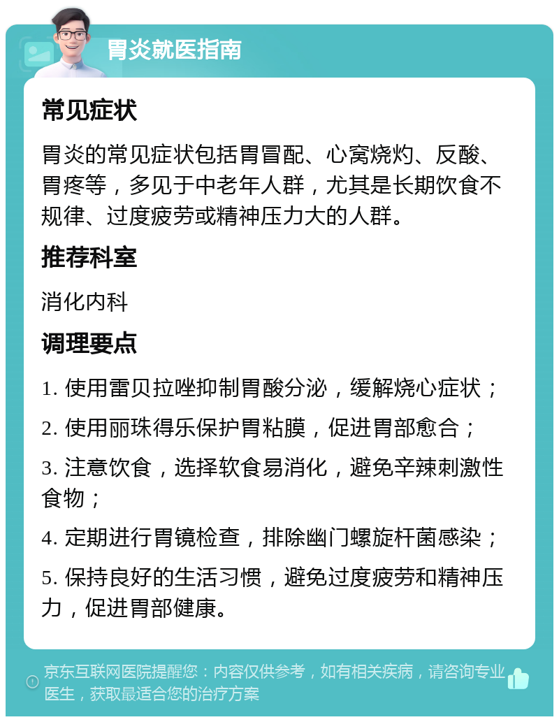 胃炎就医指南 常见症状 胃炎的常见症状包括胃冒配、心窝烧灼、反酸、胃疼等，多见于中老年人群，尤其是长期饮食不规律、过度疲劳或精神压力大的人群。 推荐科室 消化内科 调理要点 1. 使用雷贝拉唑抑制胃酸分泌，缓解烧心症状； 2. 使用丽珠得乐保护胃粘膜，促进胃部愈合； 3. 注意饮食，选择软食易消化，避免辛辣刺激性食物； 4. 定期进行胃镜检查，排除幽门螺旋杆菌感染； 5. 保持良好的生活习惯，避免过度疲劳和精神压力，促进胃部健康。