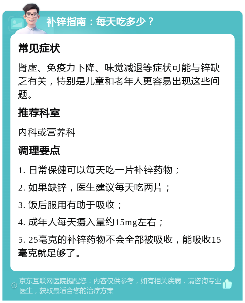 补锌指南：每天吃多少？ 常见症状 肾虚、免疫力下降、味觉减退等症状可能与锌缺乏有关，特别是儿童和老年人更容易出现这些问题。 推荐科室 内科或营养科 调理要点 1. 日常保健可以每天吃一片补锌药物； 2. 如果缺锌，医生建议每天吃两片； 3. 饭后服用有助于吸收； 4. 成年人每天摄入量约15mg左右； 5. 25毫克的补锌药物不会全部被吸收，能吸收15毫克就足够了。