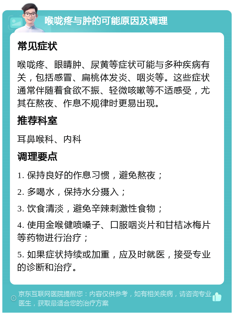 喉咙疼与肿的可能原因及调理 常见症状 喉咙疼、眼睛肿、尿黄等症状可能与多种疾病有关，包括感冒、扁桃体发炎、咽炎等。这些症状通常伴随着食欲不振、轻微咳嗽等不适感受，尤其在熬夜、作息不规律时更易出现。 推荐科室 耳鼻喉科、内科 调理要点 1. 保持良好的作息习惯，避免熬夜； 2. 多喝水，保持水分摄入； 3. 饮食清淡，避免辛辣刺激性食物； 4. 使用金喉健喷嗓子、口服咽炎片和甘桔冰梅片等药物进行治疗； 5. 如果症状持续或加重，应及时就医，接受专业的诊断和治疗。