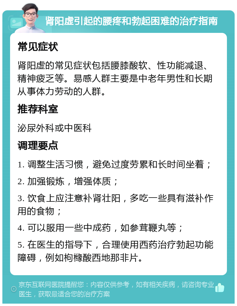 肾阳虚引起的腰疼和勃起困难的治疗指南 常见症状 肾阳虚的常见症状包括腰膝酸软、性功能减退、精神疲乏等。易感人群主要是中老年男性和长期从事体力劳动的人群。 推荐科室 泌尿外科或中医科 调理要点 1. 调整生活习惯，避免过度劳累和长时间坐着； 2. 加强锻炼，增强体质； 3. 饮食上应注意补肾壮阳，多吃一些具有滋补作用的食物； 4. 可以服用一些中成药，如参茸鞭丸等； 5. 在医生的指导下，合理使用西药治疗勃起功能障碍，例如枸橼酸西地那非片。