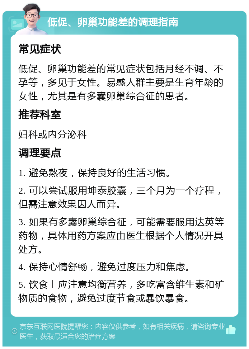 低促、卵巢功能差的调理指南 常见症状 低促、卵巢功能差的常见症状包括月经不调、不孕等，多见于女性。易感人群主要是生育年龄的女性，尤其是有多囊卵巢综合征的患者。 推荐科室 妇科或内分泌科 调理要点 1. 避免熬夜，保持良好的生活习惯。 2. 可以尝试服用坤泰胶囊，三个月为一个疗程，但需注意效果因人而异。 3. 如果有多囊卵巢综合征，可能需要服用达英等药物，具体用药方案应由医生根据个人情况开具处方。 4. 保持心情舒畅，避免过度压力和焦虑。 5. 饮食上应注意均衡营养，多吃富含维生素和矿物质的食物，避免过度节食或暴饮暴食。