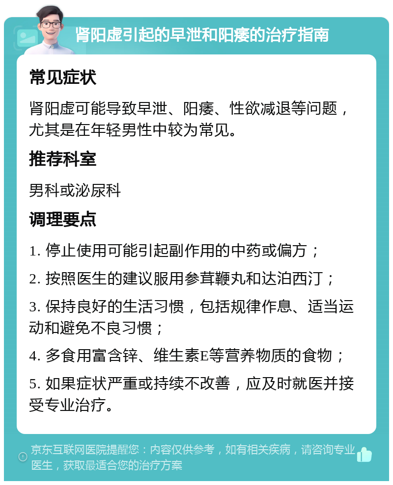 肾阳虚引起的早泄和阳痿的治疗指南 常见症状 肾阳虚可能导致早泄、阳痿、性欲减退等问题，尤其是在年轻男性中较为常见。 推荐科室 男科或泌尿科 调理要点 1. 停止使用可能引起副作用的中药或偏方； 2. 按照医生的建议服用参茸鞭丸和达泊西汀； 3. 保持良好的生活习惯，包括规律作息、适当运动和避免不良习惯； 4. 多食用富含锌、维生素E等营养物质的食物； 5. 如果症状严重或持续不改善，应及时就医并接受专业治疗。