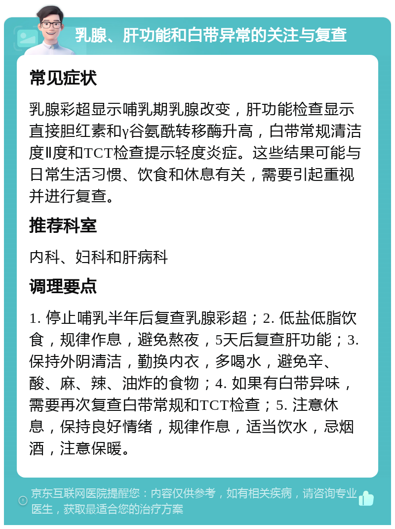 乳腺、肝功能和白带异常的关注与复查 常见症状 乳腺彩超显示哺乳期乳腺改变，肝功能检查显示直接胆红素和γ谷氨酰转移酶升高，白带常规清洁度Ⅱ度和TCT检查提示轻度炎症。这些结果可能与日常生活习惯、饮食和休息有关，需要引起重视并进行复查。 推荐科室 内科、妇科和肝病科 调理要点 1. 停止哺乳半年后复查乳腺彩超；2. 低盐低脂饮食，规律作息，避免熬夜，5天后复查肝功能；3. 保持外阴清洁，勤换内衣，多喝水，避免辛、酸、麻、辣、油炸的食物；4. 如果有白带异味，需要再次复查白带常规和TCT检查；5. 注意休息，保持良好情绪，规律作息，适当饮水，忌烟酒，注意保暖。