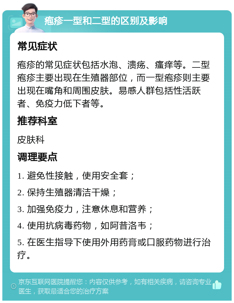 疱疹一型和二型的区别及影响 常见症状 疱疹的常见症状包括水泡、溃疡、瘙痒等。二型疱疹主要出现在生殖器部位，而一型疱疹则主要出现在嘴角和周围皮肤。易感人群包括性活跃者、免疫力低下者等。 推荐科室 皮肤科 调理要点 1. 避免性接触，使用安全套； 2. 保持生殖器清洁干燥； 3. 加强免疫力，注意休息和营养； 4. 使用抗病毒药物，如阿昔洛韦； 5. 在医生指导下使用外用药膏或口服药物进行治疗。