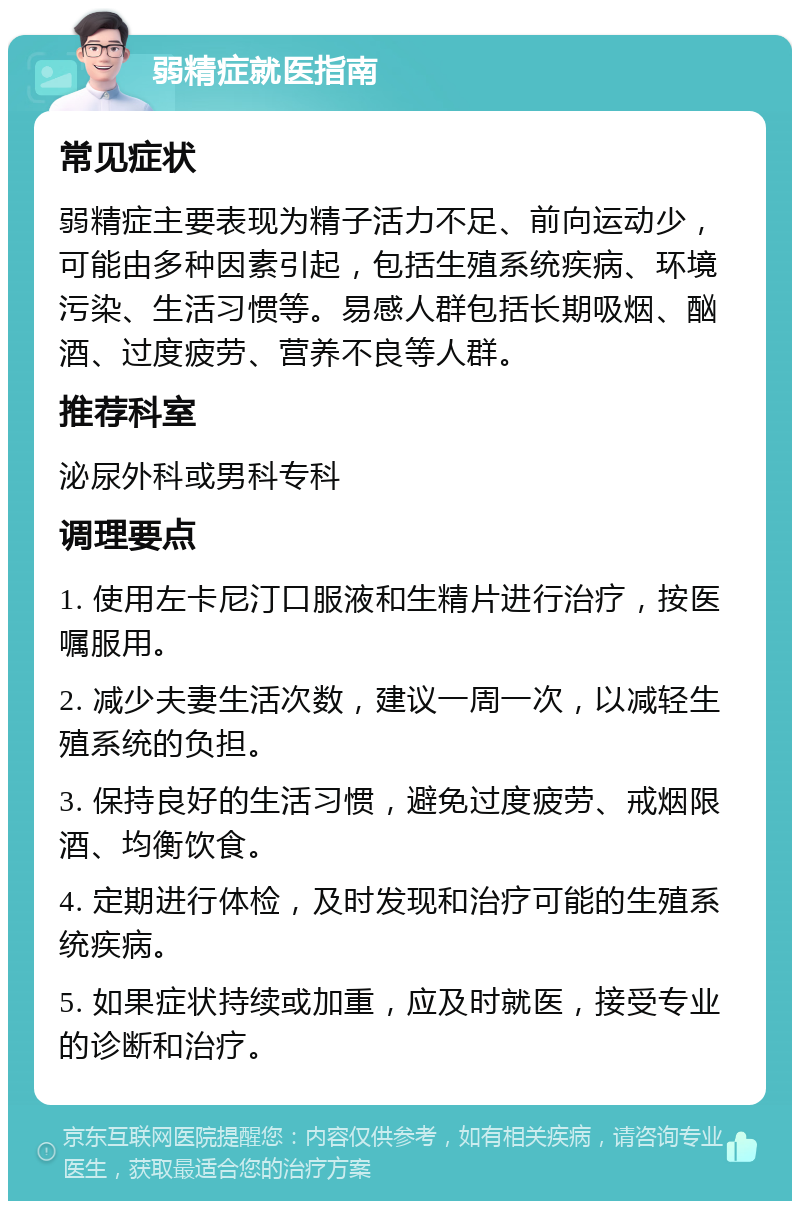 弱精症就医指南 常见症状 弱精症主要表现为精子活力不足、前向运动少，可能由多种因素引起，包括生殖系统疾病、环境污染、生活习惯等。易感人群包括长期吸烟、酗酒、过度疲劳、营养不良等人群。 推荐科室 泌尿外科或男科专科 调理要点 1. 使用左卡尼汀口服液和生精片进行治疗，按医嘱服用。 2. 减少夫妻生活次数，建议一周一次，以减轻生殖系统的负担。 3. 保持良好的生活习惯，避免过度疲劳、戒烟限酒、均衡饮食。 4. 定期进行体检，及时发现和治疗可能的生殖系统疾病。 5. 如果症状持续或加重，应及时就医，接受专业的诊断和治疗。