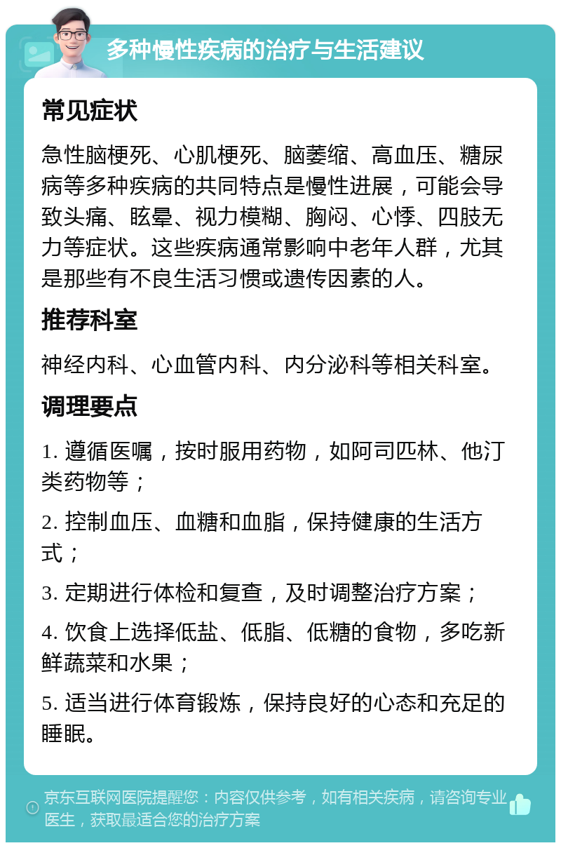 多种慢性疾病的治疗与生活建议 常见症状 急性脑梗死、心肌梗死、脑萎缩、高血压、糖尿病等多种疾病的共同特点是慢性进展，可能会导致头痛、眩晕、视力模糊、胸闷、心悸、四肢无力等症状。这些疾病通常影响中老年人群，尤其是那些有不良生活习惯或遗传因素的人。 推荐科室 神经内科、心血管内科、内分泌科等相关科室。 调理要点 1. 遵循医嘱，按时服用药物，如阿司匹林、他汀类药物等； 2. 控制血压、血糖和血脂，保持健康的生活方式； 3. 定期进行体检和复查，及时调整治疗方案； 4. 饮食上选择低盐、低脂、低糖的食物，多吃新鲜蔬菜和水果； 5. 适当进行体育锻炼，保持良好的心态和充足的睡眠。