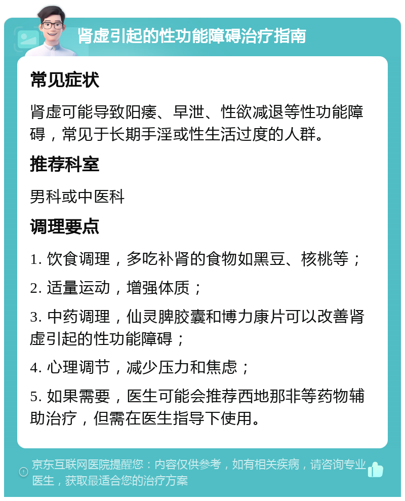 肾虚引起的性功能障碍治疗指南 常见症状 肾虚可能导致阳痿、早泄、性欲减退等性功能障碍，常见于长期手淫或性生活过度的人群。 推荐科室 男科或中医科 调理要点 1. 饮食调理，多吃补肾的食物如黑豆、核桃等； 2. 适量运动，增强体质； 3. 中药调理，仙灵脾胶囊和博力康片可以改善肾虚引起的性功能障碍； 4. 心理调节，减少压力和焦虑； 5. 如果需要，医生可能会推荐西地那非等药物辅助治疗，但需在医生指导下使用。