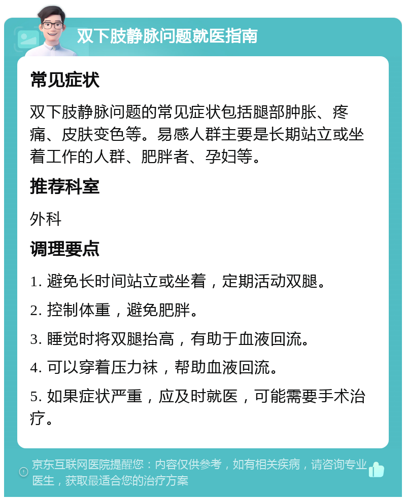 双下肢静脉问题就医指南 常见症状 双下肢静脉问题的常见症状包括腿部肿胀、疼痛、皮肤变色等。易感人群主要是长期站立或坐着工作的人群、肥胖者、孕妇等。 推荐科室 外科 调理要点 1. 避免长时间站立或坐着，定期活动双腿。 2. 控制体重，避免肥胖。 3. 睡觉时将双腿抬高，有助于血液回流。 4. 可以穿着压力袜，帮助血液回流。 5. 如果症状严重，应及时就医，可能需要手术治疗。