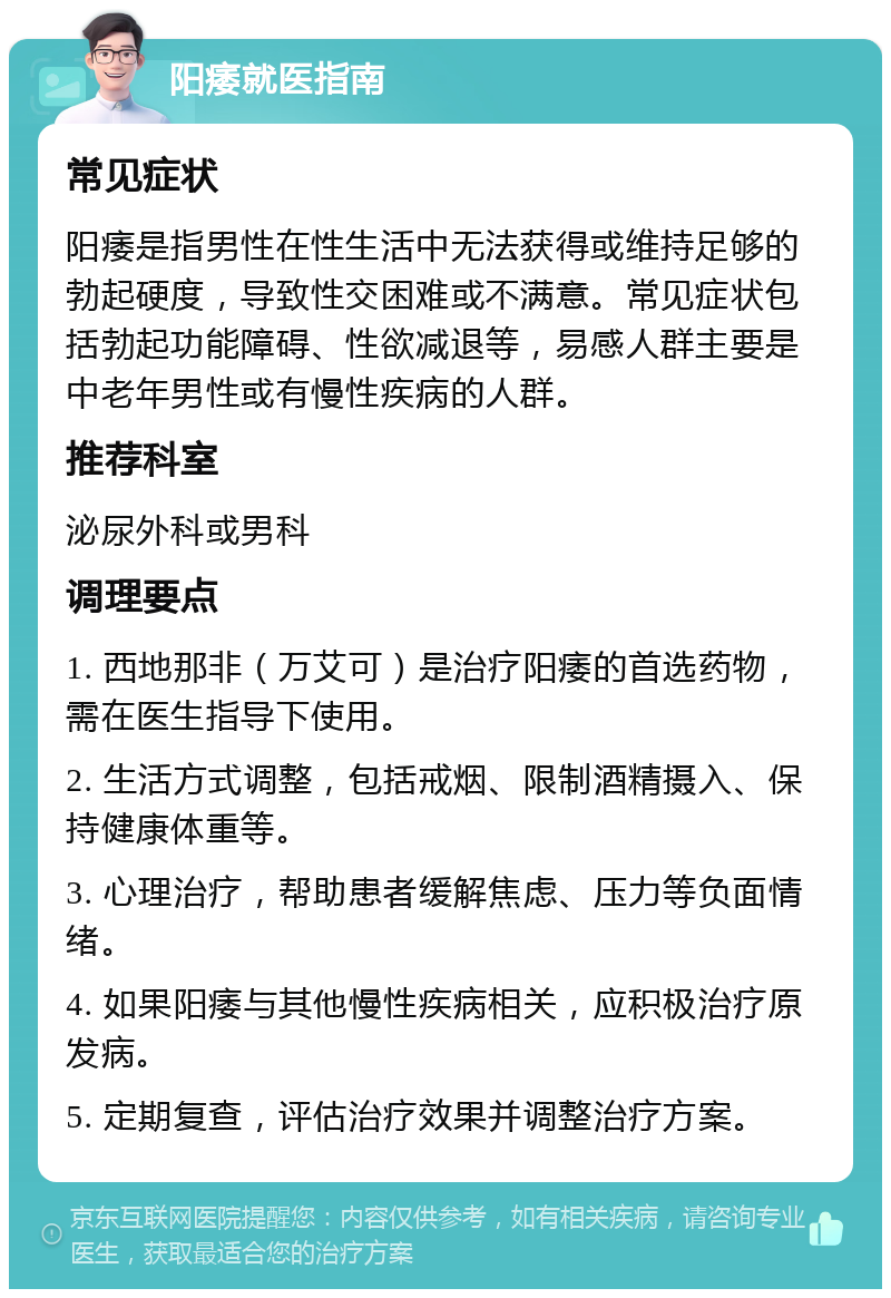 阳痿就医指南 常见症状 阳痿是指男性在性生活中无法获得或维持足够的勃起硬度，导致性交困难或不满意。常见症状包括勃起功能障碍、性欲减退等，易感人群主要是中老年男性或有慢性疾病的人群。 推荐科室 泌尿外科或男科 调理要点 1. 西地那非（万艾可）是治疗阳痿的首选药物，需在医生指导下使用。 2. 生活方式调整，包括戒烟、限制酒精摄入、保持健康体重等。 3. 心理治疗，帮助患者缓解焦虑、压力等负面情绪。 4. 如果阳痿与其他慢性疾病相关，应积极治疗原发病。 5. 定期复查，评估治疗效果并调整治疗方案。