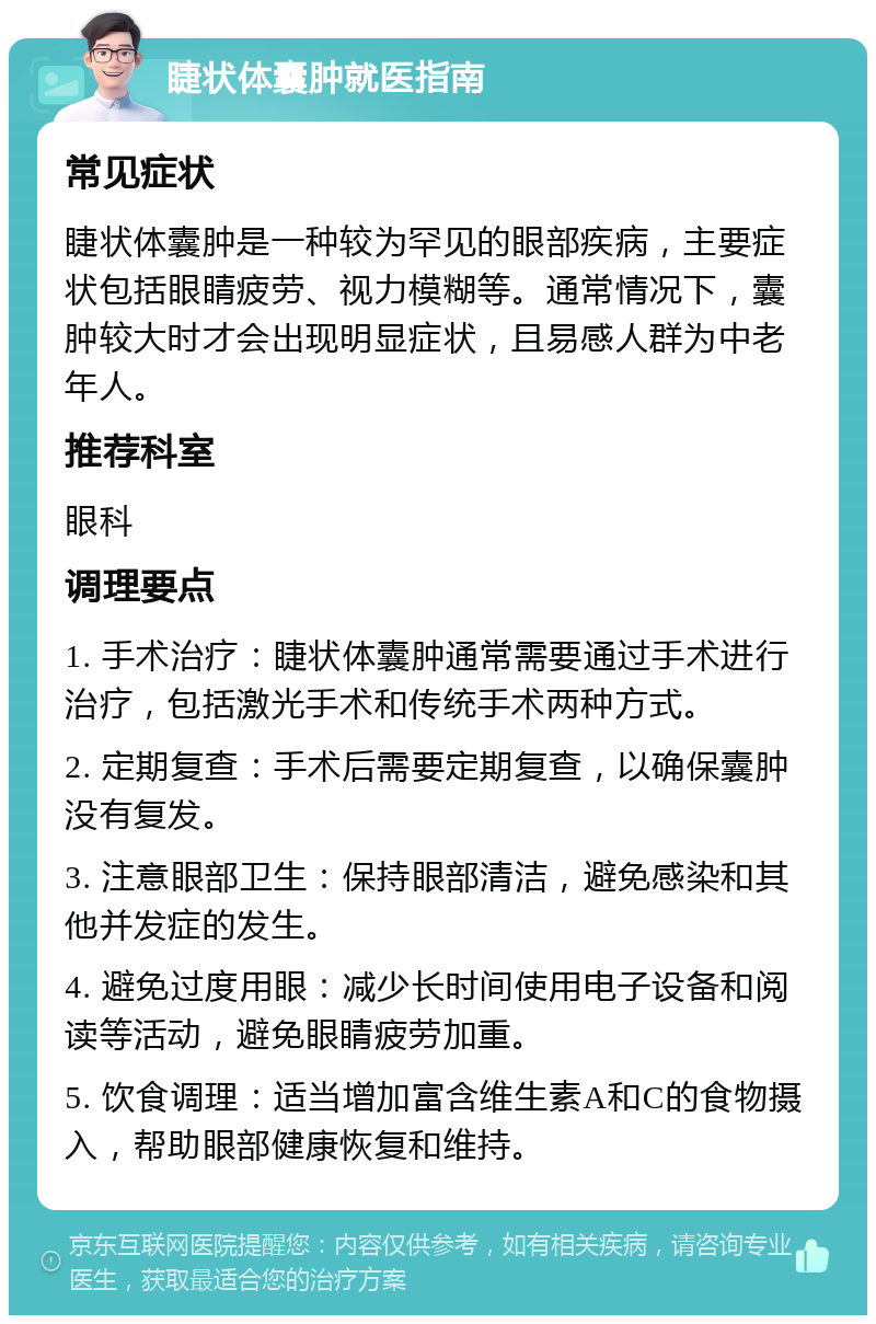 睫状体囊肿就医指南 常见症状 睫状体囊肿是一种较为罕见的眼部疾病，主要症状包括眼睛疲劳、视力模糊等。通常情况下，囊肿较大时才会出现明显症状，且易感人群为中老年人。 推荐科室 眼科 调理要点 1. 手术治疗：睫状体囊肿通常需要通过手术进行治疗，包括激光手术和传统手术两种方式。 2. 定期复查：手术后需要定期复查，以确保囊肿没有复发。 3. 注意眼部卫生：保持眼部清洁，避免感染和其他并发症的发生。 4. 避免过度用眼：减少长时间使用电子设备和阅读等活动，避免眼睛疲劳加重。 5. 饮食调理：适当增加富含维生素A和C的食物摄入，帮助眼部健康恢复和维持。