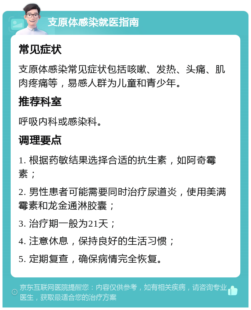 支原体感染就医指南 常见症状 支原体感染常见症状包括咳嗽、发热、头痛、肌肉疼痛等，易感人群为儿童和青少年。 推荐科室 呼吸内科或感染科。 调理要点 1. 根据药敏结果选择合适的抗生素，如阿奇霉素； 2. 男性患者可能需要同时治疗尿道炎，使用美满霉素和龙金通淋胶囊； 3. 治疗期一般为21天； 4. 注意休息，保持良好的生活习惯； 5. 定期复查，确保病情完全恢复。