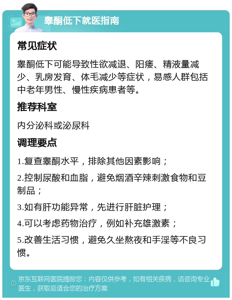 睾酮低下就医指南 常见症状 睾酮低下可能导致性欲减退、阳痿、精液量减少、乳房发育、体毛减少等症状，易感人群包括中老年男性、慢性疾病患者等。 推荐科室 内分泌科或泌尿科 调理要点 1.复查睾酮水平，排除其他因素影响； 2.控制尿酸和血脂，避免烟酒辛辣刺激食物和豆制品； 3.如有肝功能异常，先进行肝脏护理； 4.可以考虑药物治疗，例如补充雄激素； 5.改善生活习惯，避免久坐熬夜和手淫等不良习惯。