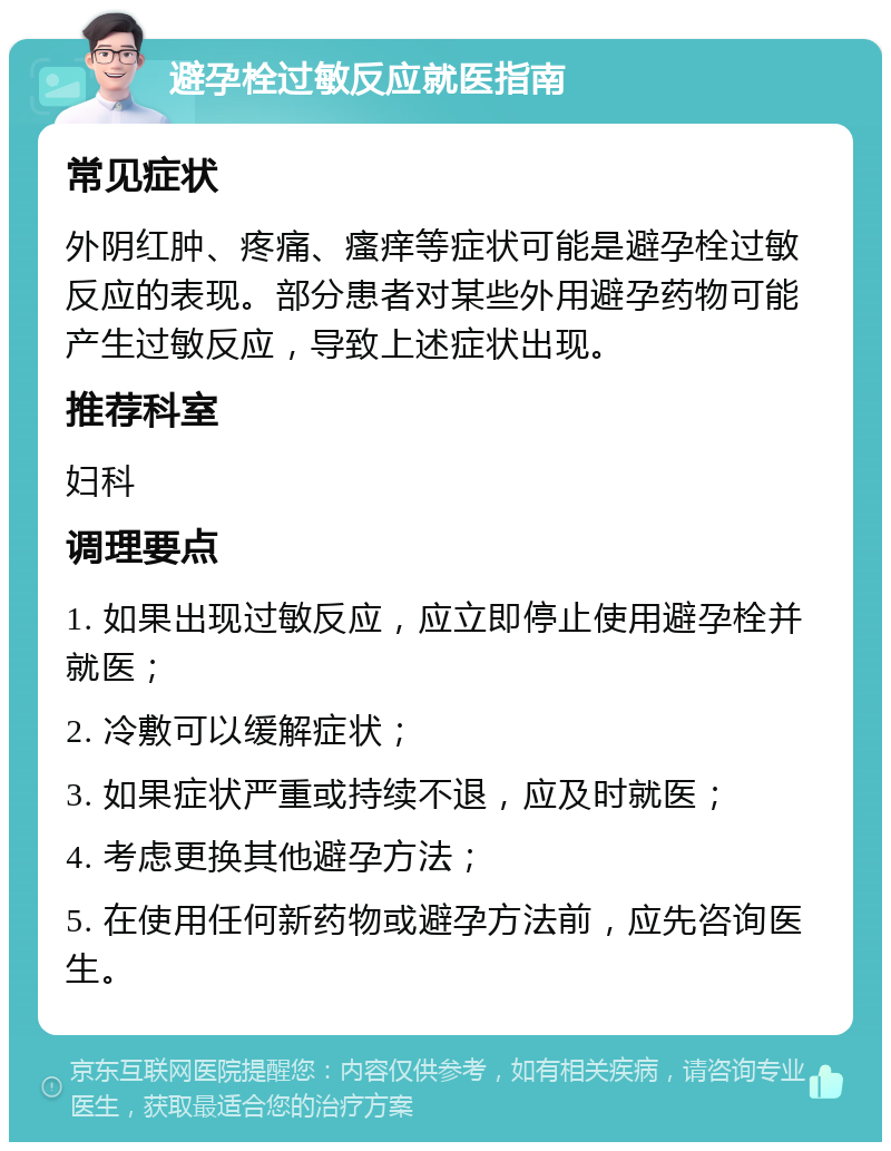 避孕栓过敏反应就医指南 常见症状 外阴红肿、疼痛、瘙痒等症状可能是避孕栓过敏反应的表现。部分患者对某些外用避孕药物可能产生过敏反应，导致上述症状出现。 推荐科室 妇科 调理要点 1. 如果出现过敏反应，应立即停止使用避孕栓并就医； 2. 冷敷可以缓解症状； 3. 如果症状严重或持续不退，应及时就医； 4. 考虑更换其他避孕方法； 5. 在使用任何新药物或避孕方法前，应先咨询医生。