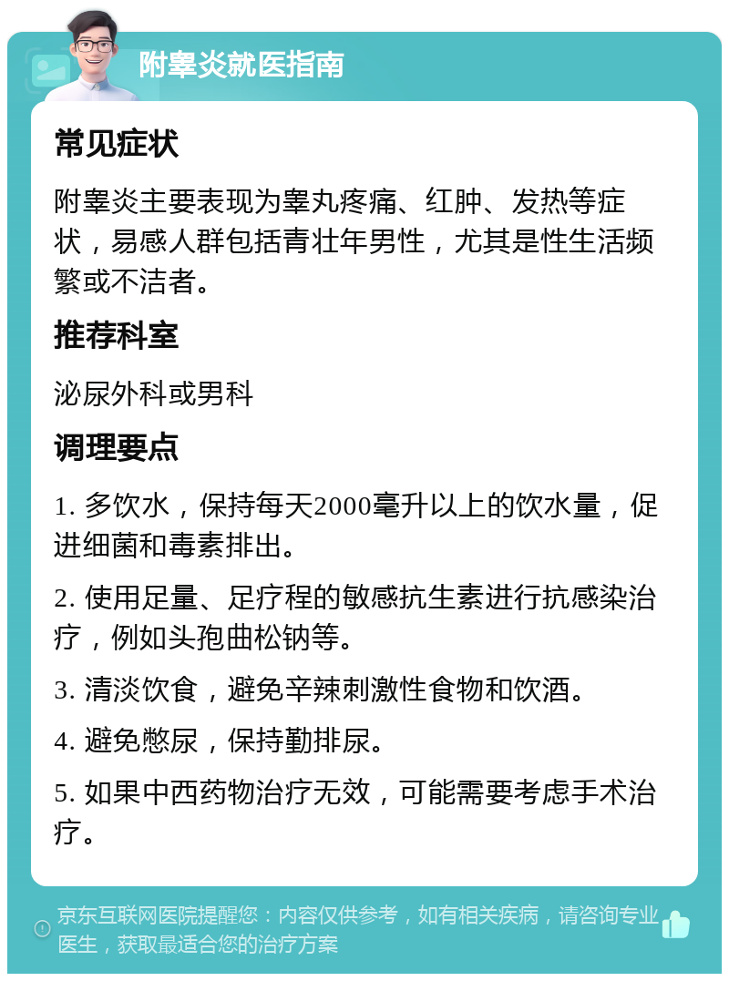 附睾炎就医指南 常见症状 附睾炎主要表现为睾丸疼痛、红肿、发热等症状，易感人群包括青壮年男性，尤其是性生活频繁或不洁者。 推荐科室 泌尿外科或男科 调理要点 1. 多饮水，保持每天2000毫升以上的饮水量，促进细菌和毒素排出。 2. 使用足量、足疗程的敏感抗生素进行抗感染治疗，例如头孢曲松钠等。 3. 清淡饮食，避免辛辣刺激性食物和饮酒。 4. 避免憋尿，保持勤排尿。 5. 如果中西药物治疗无效，可能需要考虑手术治疗。