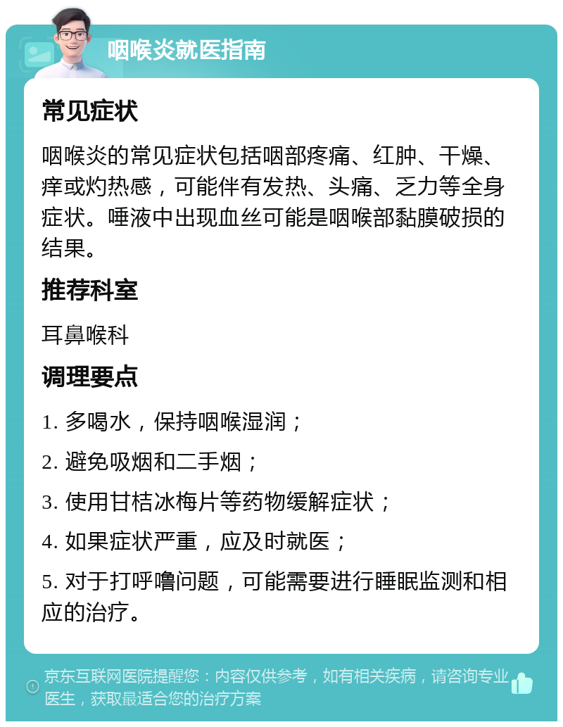 咽喉炎就医指南 常见症状 咽喉炎的常见症状包括咽部疼痛、红肿、干燥、痒或灼热感，可能伴有发热、头痛、乏力等全身症状。唾液中出现血丝可能是咽喉部黏膜破损的结果。 推荐科室 耳鼻喉科 调理要点 1. 多喝水，保持咽喉湿润； 2. 避免吸烟和二手烟； 3. 使用甘桔冰梅片等药物缓解症状； 4. 如果症状严重，应及时就医； 5. 对于打呼噜问题，可能需要进行睡眠监测和相应的治疗。