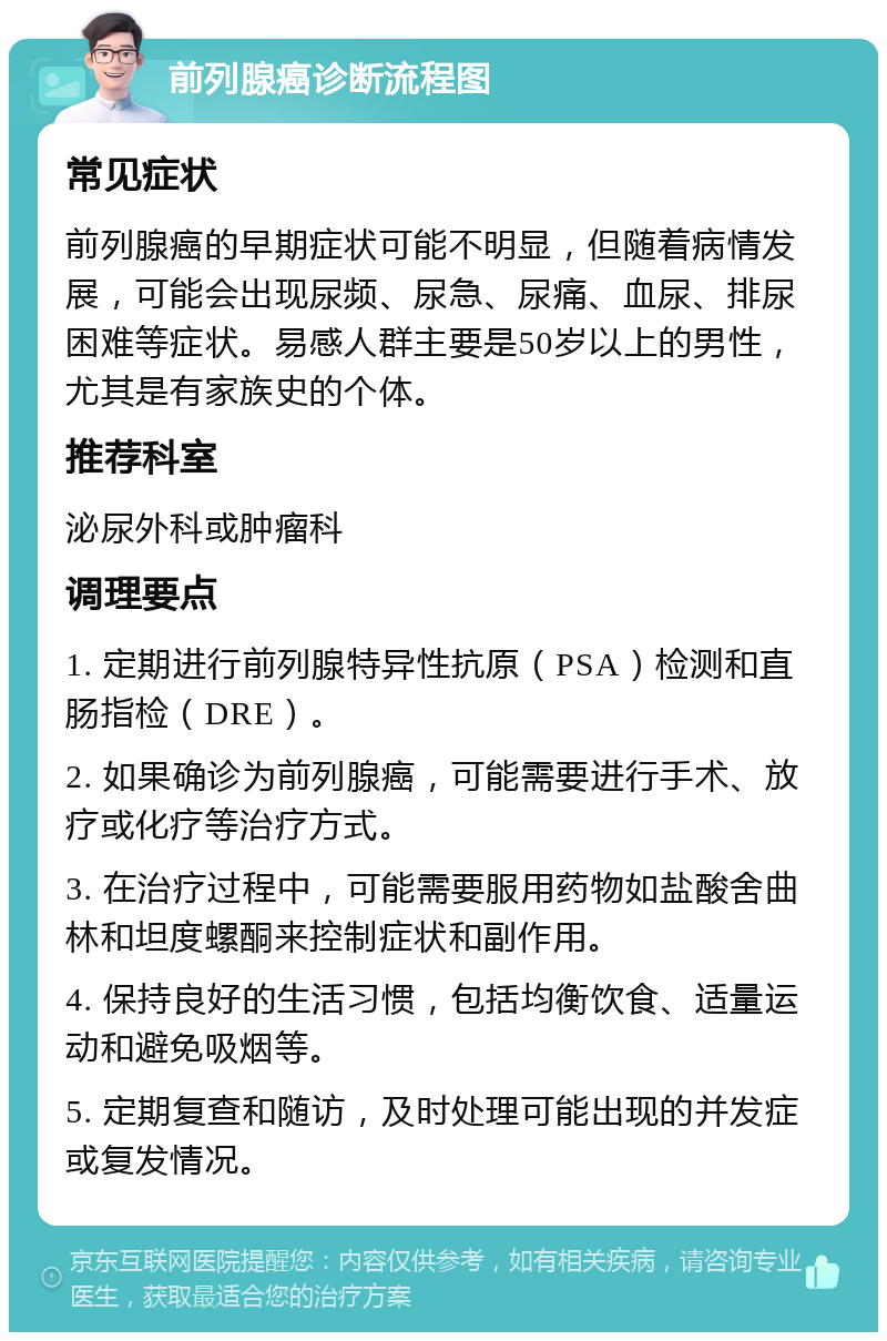 前列腺癌诊断流程图 常见症状 前列腺癌的早期症状可能不明显，但随着病情发展，可能会出现尿频、尿急、尿痛、血尿、排尿困难等症状。易感人群主要是50岁以上的男性，尤其是有家族史的个体。 推荐科室 泌尿外科或肿瘤科 调理要点 1. 定期进行前列腺特异性抗原（PSA）检测和直肠指检（DRE）。 2. 如果确诊为前列腺癌，可能需要进行手术、放疗或化疗等治疗方式。 3. 在治疗过程中，可能需要服用药物如盐酸舍曲林和坦度螺酮来控制症状和副作用。 4. 保持良好的生活习惯，包括均衡饮食、适量运动和避免吸烟等。 5. 定期复查和随访，及时处理可能出现的并发症或复发情况。