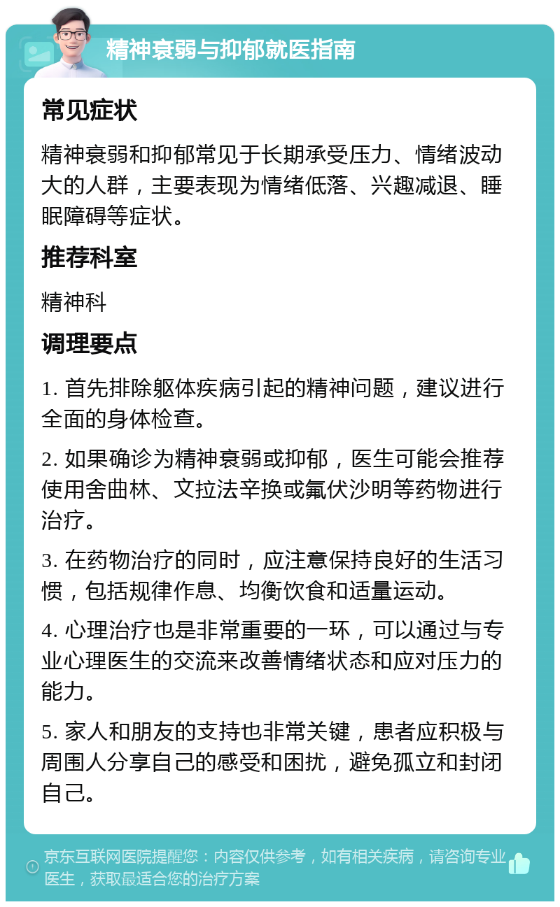 精神衰弱与抑郁就医指南 常见症状 精神衰弱和抑郁常见于长期承受压力、情绪波动大的人群，主要表现为情绪低落、兴趣减退、睡眠障碍等症状。 推荐科室 精神科 调理要点 1. 首先排除躯体疾病引起的精神问题，建议进行全面的身体检查。 2. 如果确诊为精神衰弱或抑郁，医生可能会推荐使用舍曲林、文拉法辛换或氟伏沙明等药物进行治疗。 3. 在药物治疗的同时，应注意保持良好的生活习惯，包括规律作息、均衡饮食和适量运动。 4. 心理治疗也是非常重要的一环，可以通过与专业心理医生的交流来改善情绪状态和应对压力的能力。 5. 家人和朋友的支持也非常关键，患者应积极与周围人分享自己的感受和困扰，避免孤立和封闭自己。