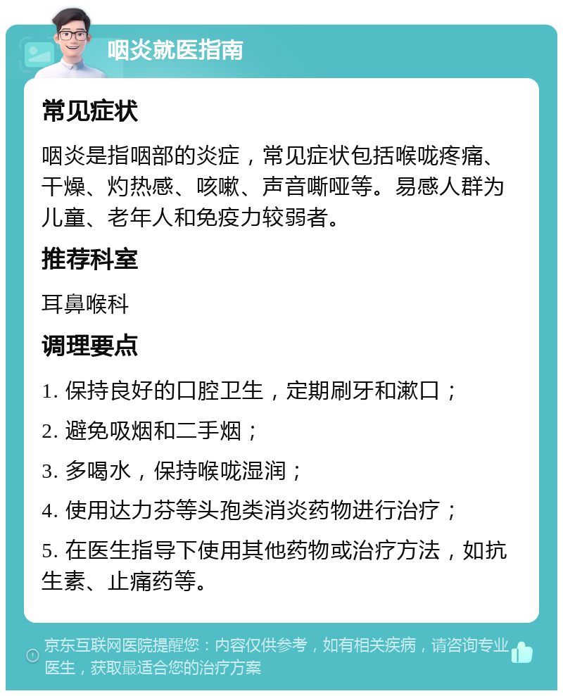 咽炎就医指南 常见症状 咽炎是指咽部的炎症，常见症状包括喉咙疼痛、干燥、灼热感、咳嗽、声音嘶哑等。易感人群为儿童、老年人和免疫力较弱者。 推荐科室 耳鼻喉科 调理要点 1. 保持良好的口腔卫生，定期刷牙和漱口； 2. 避免吸烟和二手烟； 3. 多喝水，保持喉咙湿润； 4. 使用达力芬等头孢类消炎药物进行治疗； 5. 在医生指导下使用其他药物或治疗方法，如抗生素、止痛药等。