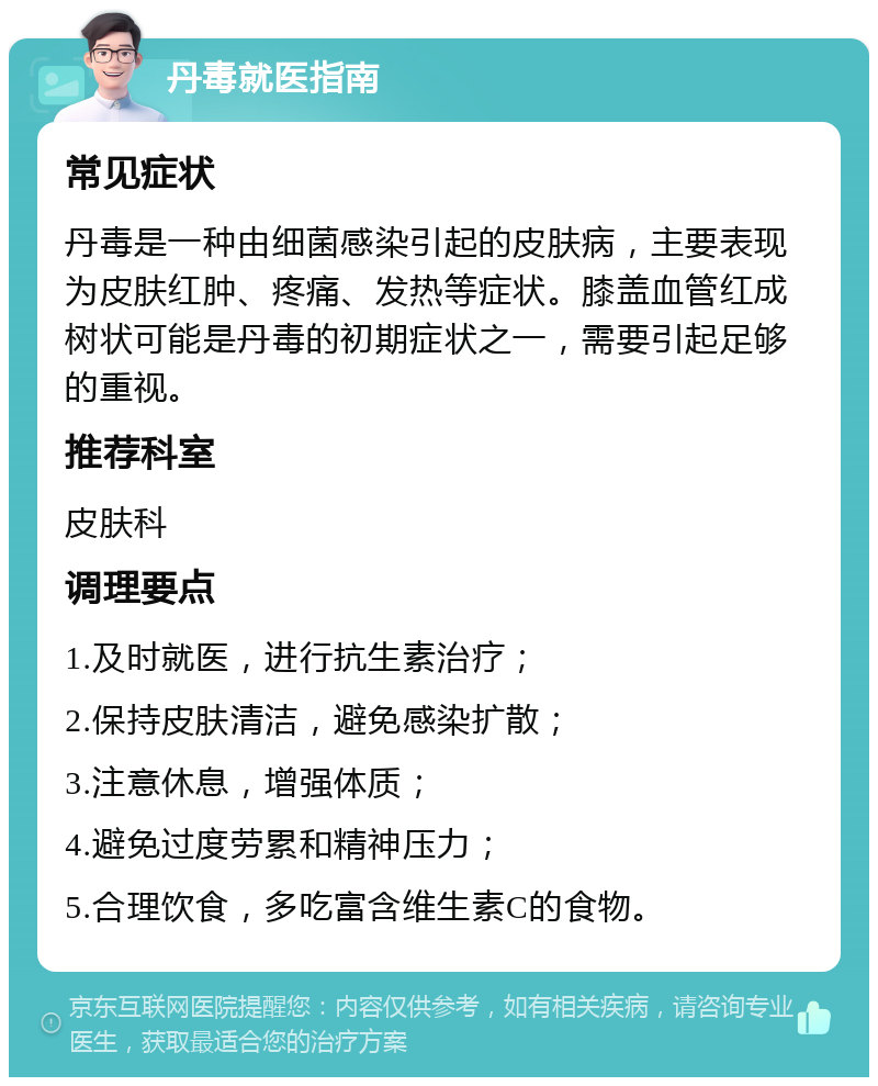 丹毒就医指南 常见症状 丹毒是一种由细菌感染引起的皮肤病，主要表现为皮肤红肿、疼痛、发热等症状。膝盖血管红成树状可能是丹毒的初期症状之一，需要引起足够的重视。 推荐科室 皮肤科 调理要点 1.及时就医，进行抗生素治疗； 2.保持皮肤清洁，避免感染扩散； 3.注意休息，增强体质； 4.避免过度劳累和精神压力； 5.合理饮食，多吃富含维生素C的食物。