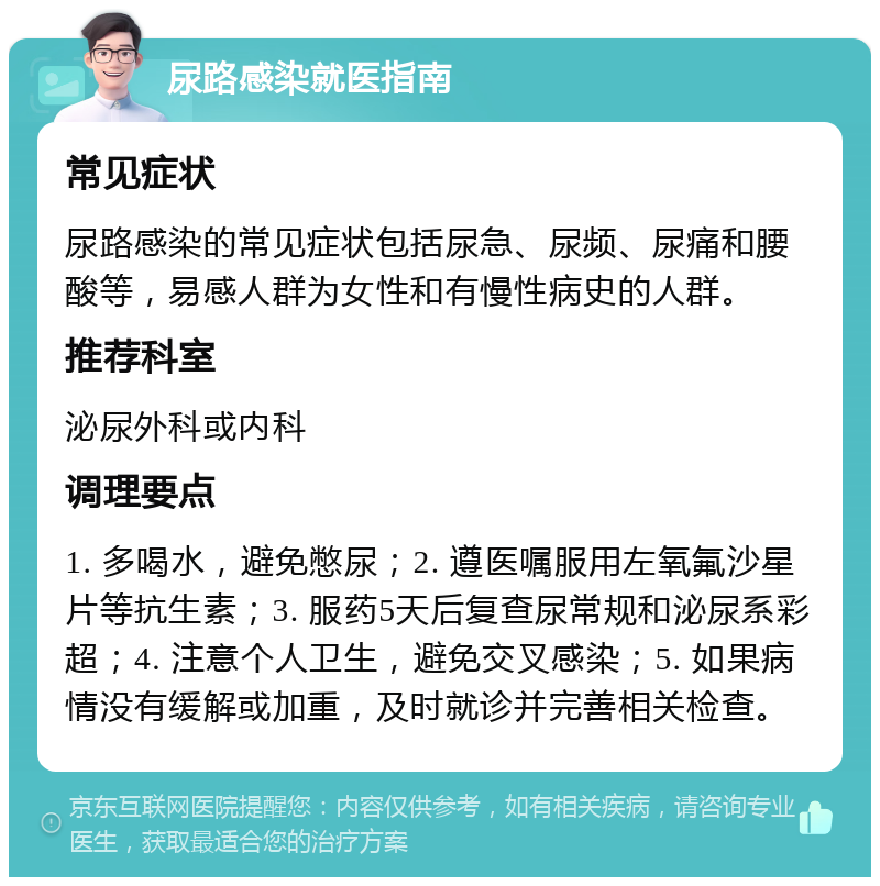 尿路感染就医指南 常见症状 尿路感染的常见症状包括尿急、尿频、尿痛和腰酸等，易感人群为女性和有慢性病史的人群。 推荐科室 泌尿外科或内科 调理要点 1. 多喝水，避免憋尿；2. 遵医嘱服用左氧氟沙星片等抗生素；3. 服药5天后复查尿常规和泌尿系彩超；4. 注意个人卫生，避免交叉感染；5. 如果病情没有缓解或加重，及时就诊并完善相关检查。