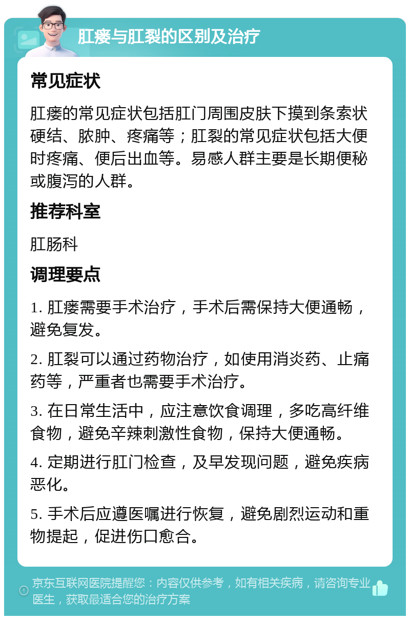 肛瘘与肛裂的区别及治疗 常见症状 肛瘘的常见症状包括肛门周围皮肤下摸到条索状硬结、脓肿、疼痛等；肛裂的常见症状包括大便时疼痛、便后出血等。易感人群主要是长期便秘或腹泻的人群。 推荐科室 肛肠科 调理要点 1. 肛瘘需要手术治疗，手术后需保持大便通畅，避免复发。 2. 肛裂可以通过药物治疗，如使用消炎药、止痛药等，严重者也需要手术治疗。 3. 在日常生活中，应注意饮食调理，多吃高纤维食物，避免辛辣刺激性食物，保持大便通畅。 4. 定期进行肛门检查，及早发现问题，避免疾病恶化。 5. 手术后应遵医嘱进行恢复，避免剧烈运动和重物提起，促进伤口愈合。