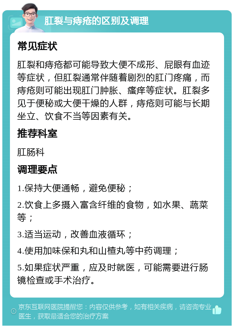 肛裂与痔疮的区别及调理 常见症状 肛裂和痔疮都可能导致大便不成形、屁眼有血迹等症状，但肛裂通常伴随着剧烈的肛门疼痛，而痔疮则可能出现肛门肿胀、瘙痒等症状。肛裂多见于便秘或大便干燥的人群，痔疮则可能与长期坐立、饮食不当等因素有关。 推荐科室 肛肠科 调理要点 1.保持大便通畅，避免便秘； 2.饮食上多摄入富含纤维的食物，如水果、蔬菜等； 3.适当运动，改善血液循环； 4.使用加味保和丸和山楂丸等中药调理； 5.如果症状严重，应及时就医，可能需要进行肠镜检查或手术治疗。